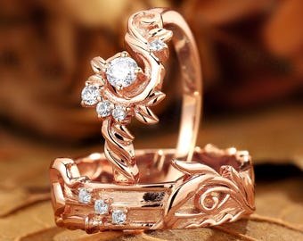 Conjunto de anéis de casal de moissanita: alianças de casamento com folha de ouro rosa 14k