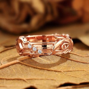 Vintage Moissanite Men's Wedding Ring Art Deco Leaf Men's Wedding Band 14k Rose Gold Matching Wedding Ring Anniversary Ring Gift for Him