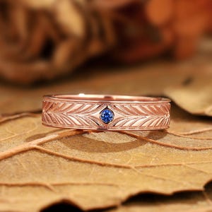 Vintage Round Sapphire Wedding Ring: 14k Rose Gold Engraved Band