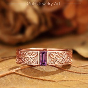 Vintage Baguette Amethyst Wedding Band: Art Deco Leaf Engraved Ring