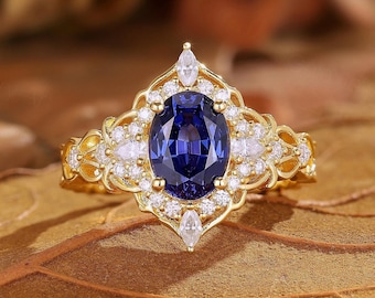 Vintage Oval Sapphire Engagement Ring: 14k Gold Openwork Moissanite Flower Ring