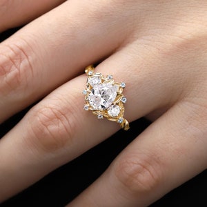 Pear Cut Moissanite Leaf Engagement Ring April Birthstone Ring Natural Topaz Cluster Bouquet Ring Promise Ring for Women Best Gift for Wife