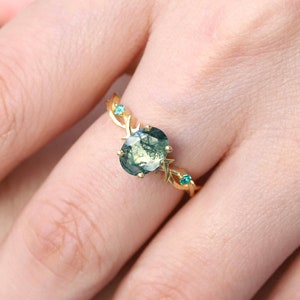Unique oval cut moss agate ring Vintage 14k gold engagement ring Emerald Vine promise bridal wedding ring Anniversary gift ring for her