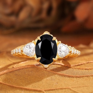 Oval Black Onyx Engagement Ring: Vintage Moissanite Halo, 14k Gold