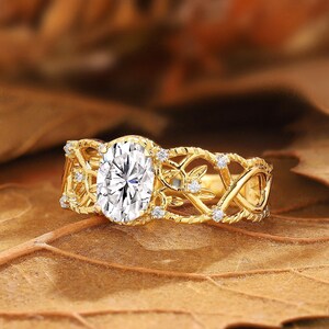 Vintage Art Deco Moissanite Engagement Ring: Oval Cut Leaf Vine, Yellow Gold Promise Ring