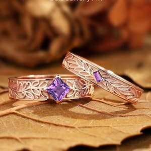 Vintage Rose Gold Amethyst Wedding Band Set: Leaf Design Promise Rings
