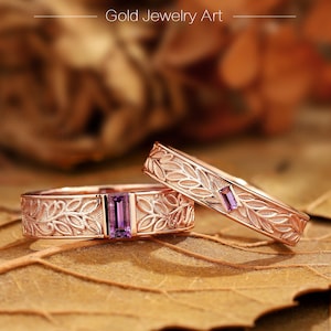 Amethyst Baguette Cut 14k Gold Wedding Band Set: Art Deco Leaf Engraved Rings