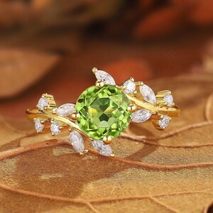 Round Peridot Engagement Ring: 14k Gold Leaf Twig Band, Moissanite Branch Ring
