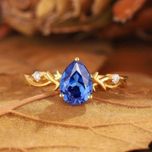 Pear Sapphire Twig Ring: 14k Gold Branch Wedding Band