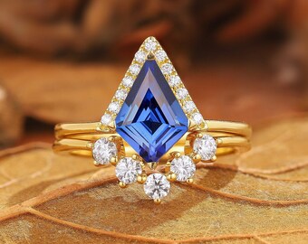 Kite Cut Sapphire Engagement Ring Set: V-Shaped Moissanite Stacking Rings