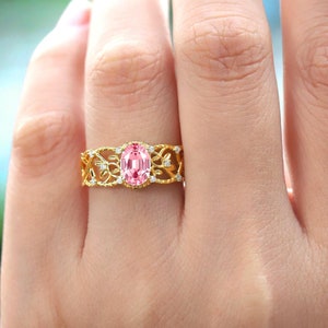 Pink Sapphire Vine Ring: Art Deco Moissanite Leaf Wedding Band