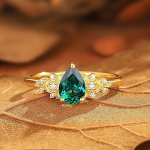 Nature Inspired Pear Cut Emerald Flower Engagement Ring Dainty Moissanite Cluster Leaf Wedding Band May Birthstone Ring Gift for Girlfriend