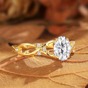Oval Moissanite Twig Engagement Ring: 14k Gold Vine Wedding Ring