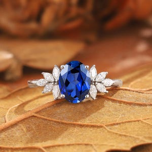 Oval Sapphire Engagement Ring: Sterling Silver Moissanite Cluster, Vintage Style