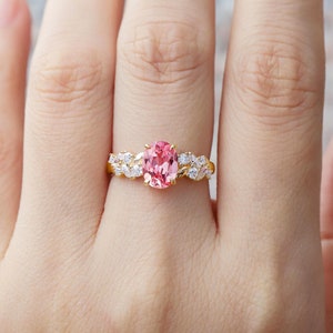 Art Deco Pink Sapphire Engagement Ring: Moissanite Leaf Cluster, Solid Gold
