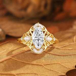 2.0ct Marquise Moissanite Engagement Ring: 18K Gold Vine Wedding Band