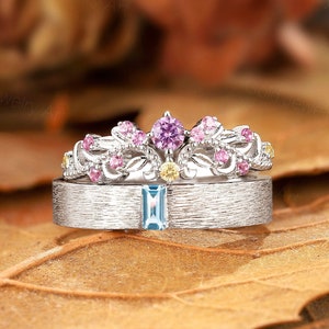 Blue Topaz & Amethyst Couple Ring Set: Nature Inspired Leaf Wedding Bands