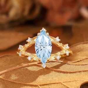 Marquise Aquamarine Engagement Ring: 14K Gold Flower Moissanite Leaf Ring