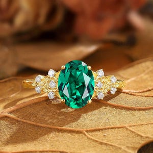 Antique Oval Emerald Engagement Ring: Solid Gold Moissanite Flower Cluster