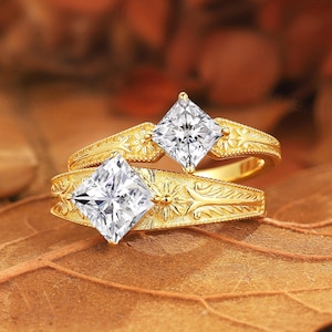 14k Gold Princess Cut Moissanite Ring Set: Hand Carved Flower Couple Promise Rings