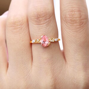 Pear Pink Sapphire Engagement Ring: 14k Gold Leaf, Moissanite Accents