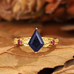 Kite Cut Blue Nebula Engagement Ring Art Deco Blue Sandstone Leaf Wedding Ring 14K Solid Gold Promise Anniversary Gift Rings for Girlfriend