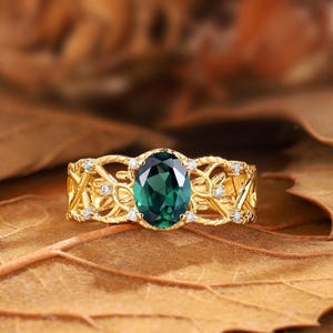 Teal Sapphire Engagement Ring: Floral Vine, Moissanite Cluster