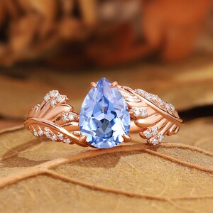 Vintage Pear Sapphire 14k Gold Leaf Ring: Art Deco Moissanite Wedding Ring