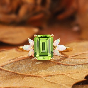 Unique Emerald Cut Peridot Engagement Ring Marquise White Fire Opal Wedding Ring 14k Solid Gold Cluster Promise Anniversary Ring for Wife