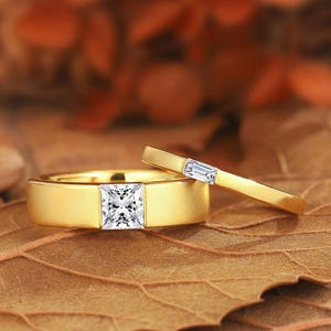 Princess Cut Moissanite Couple Ring Set: Handmade Promise Rings