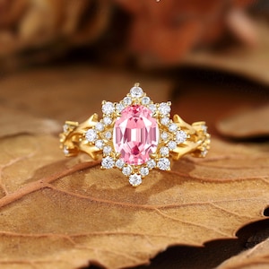 Art Deco Pink Sapphire Engagement Ring: Moissanite Halo, 14k Gold Twig Band