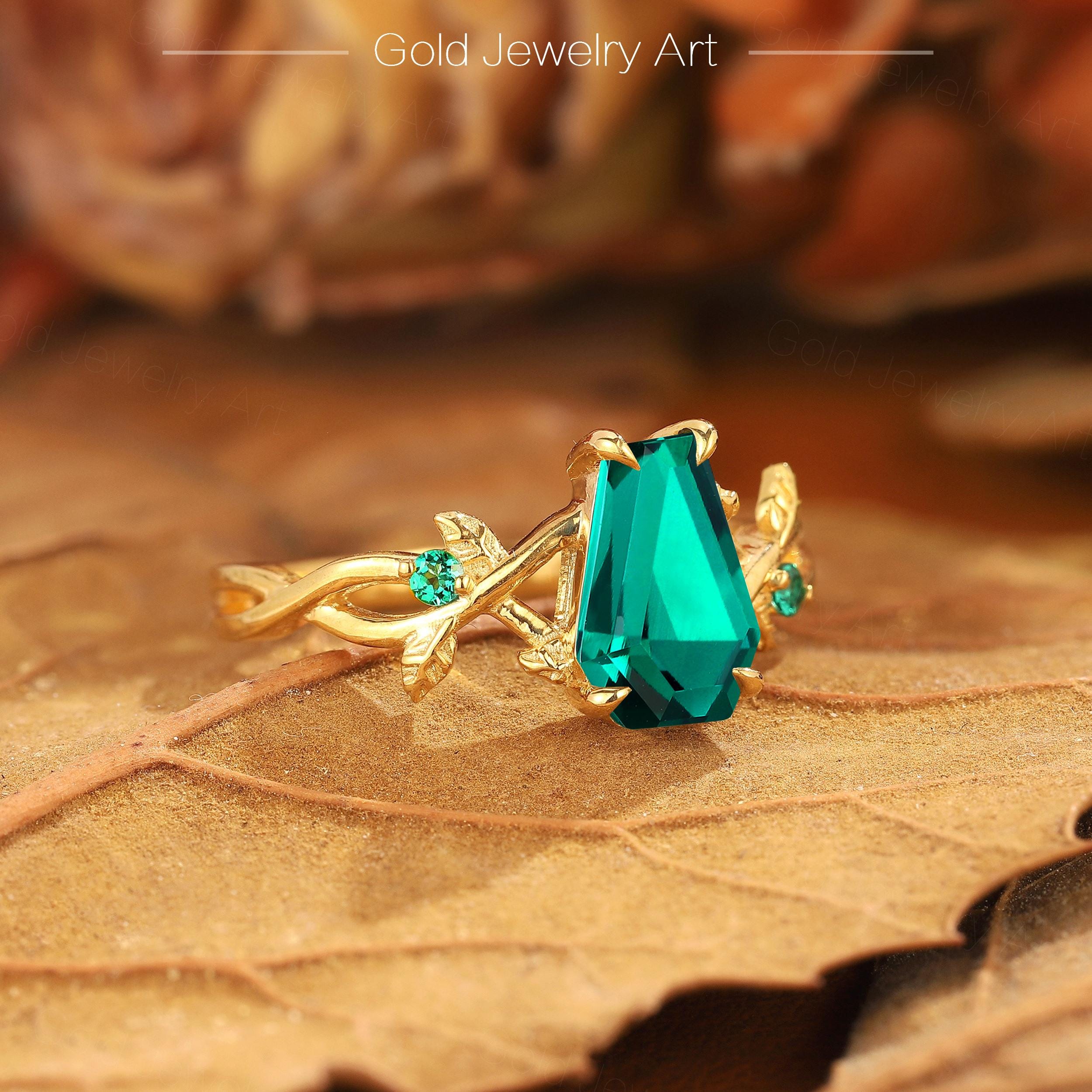 Coffin Cut Emerald Engagement Ring: Gold Art Branch Wedding Ring