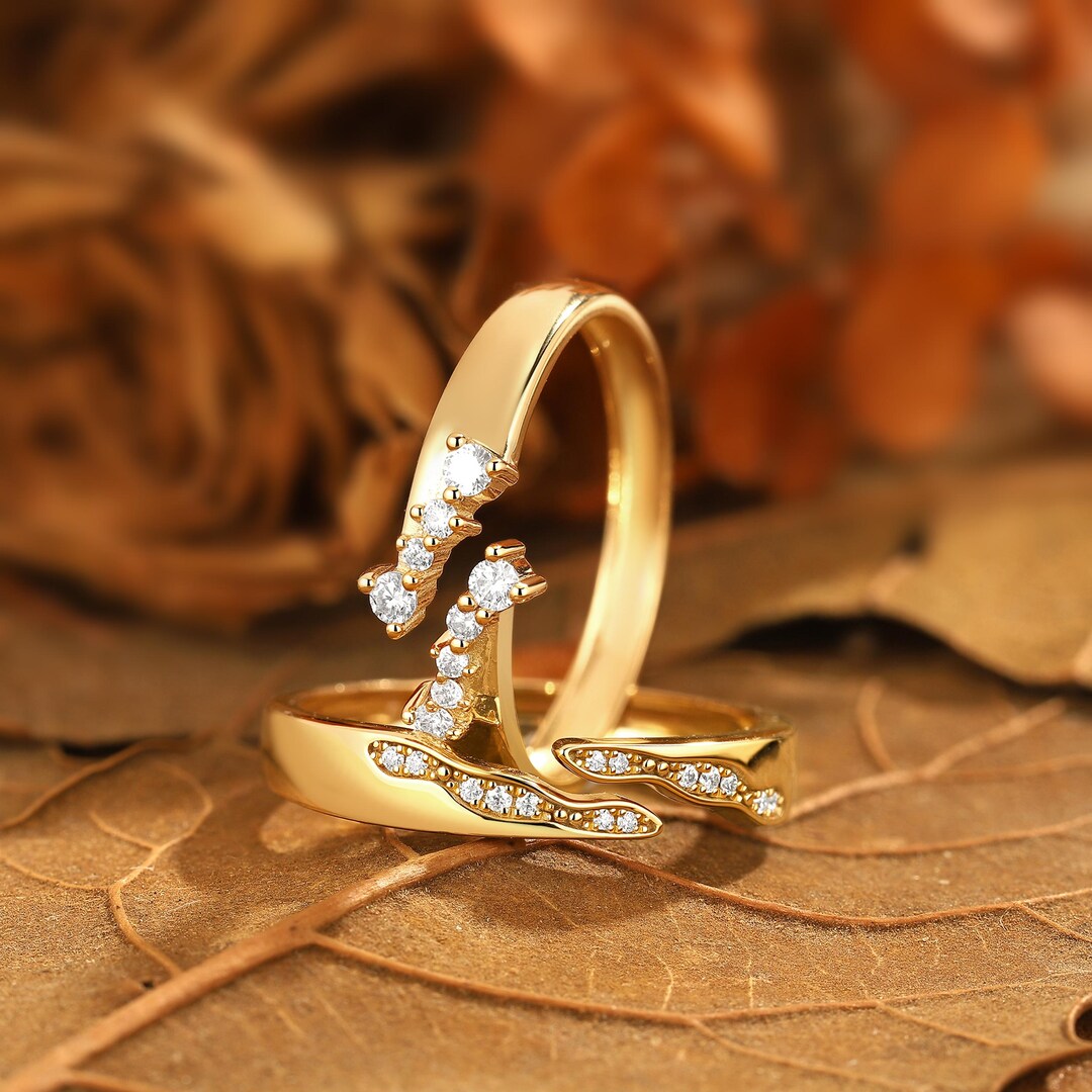 Small Couple Rings Minimalist Diamond Open Couple Ring Set, 10k Solid Gold Matching ...