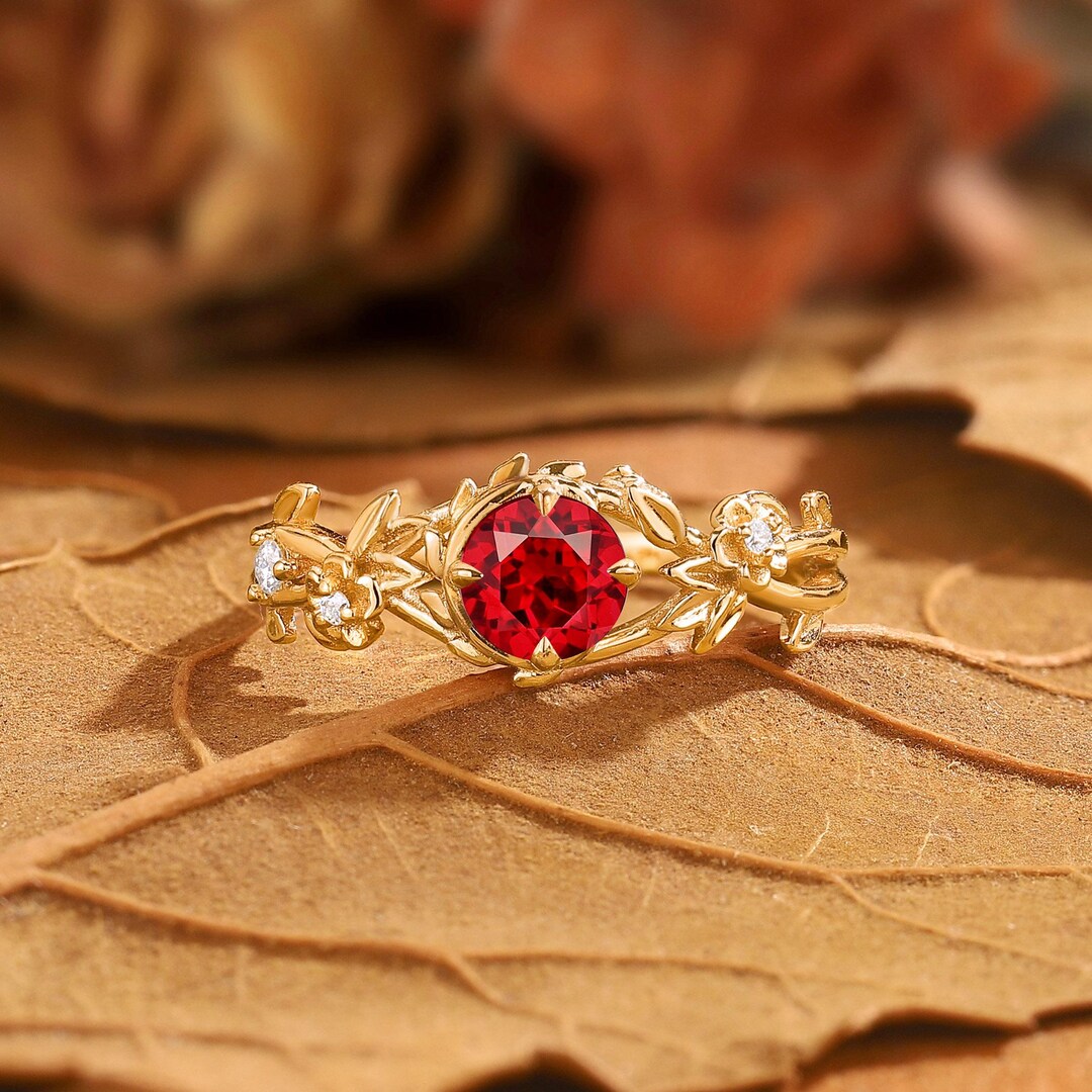 Nature Inspired Round Ruby Engagement Ring Art Deco Branch Leaf Wedding ...