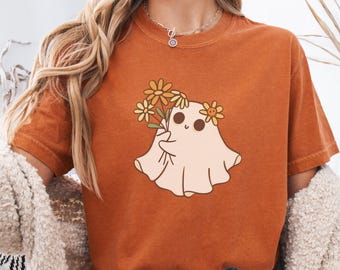 Floral Ghost Comfort Colors T-Shirt: Spooky Season Autumn Tee