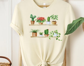 Camiseta con plantas en maceta: diseño de estantería de acuarela, camiseta para amantes de la naturaleza
