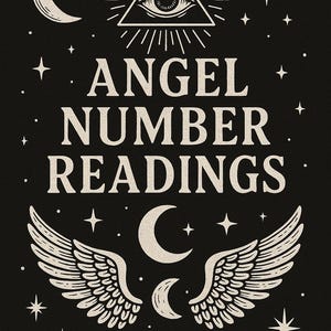 May include: Black graphic with the text "ANGEL NUMBER READINGS". The design includes a triangle with an eye, moons, stars, angel wings, and an open book. The artwork is in a vintage style.