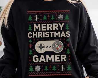 Merry Christmas Gamer Sweatshirt, Retro Controller Ugly Christmas Sweater, Gamer Holiday Crewneck, Xmas Gift for Gamers, Gifts for Streamers