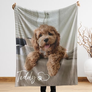 May include: A tan blanket featuring a smiling, light brown Goldendoodle dog. The blanket has the name "Teddy" written in cursive with a heart and paw print design. The dog is resting on a light brown surface.