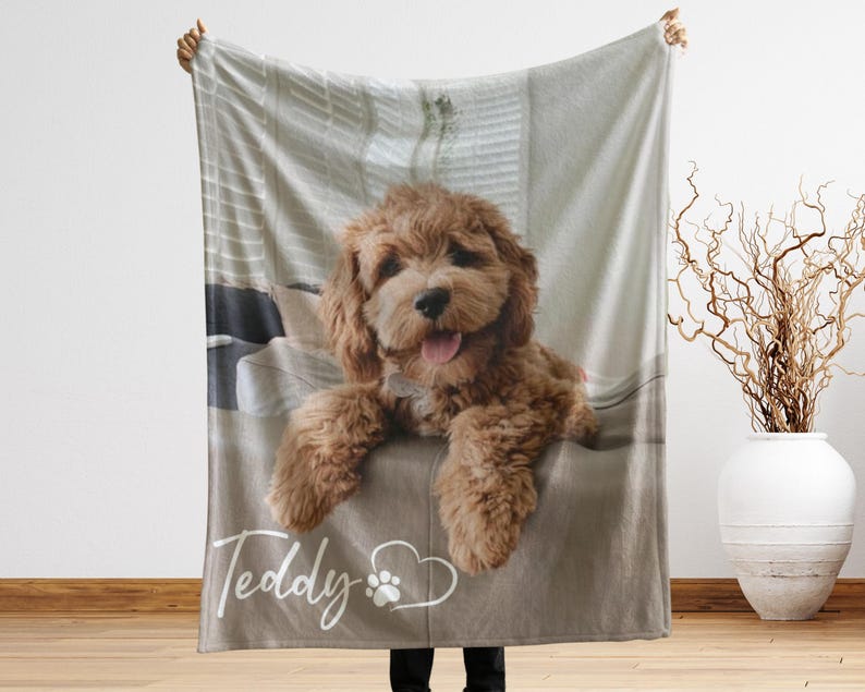 Custom Dog Cat Picture Bedding Blanket With Text, Personalized Pet Blanket Using Pet Photo, Keepsake Gift For Dog Cat Lovers - (BLANKET-2 C)