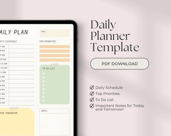 May include: A digital daily planner template with sections for today's schedule, top priorities, to do list, notes, and for tomorrow. The template is displayed on a tablet screen with a white background and a pink border.