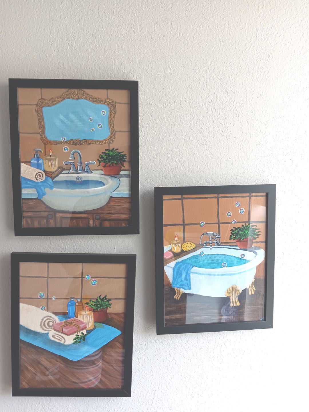 Framed Bathroom Wall Art Set | Spa Bathroom Decor | Original Acrylic ...