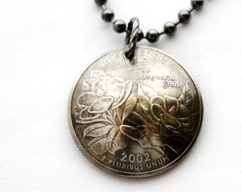 Domed Coin Necklace, Mississippi State Quarter Pendant, U.S. Quarter Dollar, 2002, Magnolia, Repurposed Jewelry by Hendywood