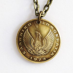 Phoenix Coin Necklace Greek Owl Coin Phoenix Pendant 1 Drachma Domed Coin 1973 Greek Coin Jewelry by Hendywood image 1