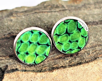 Emerald Green Leather Stud Earrings Stainless Steel Posts Resin Bright Green Embossed Snakeskin Handmade by Hendywood (W)