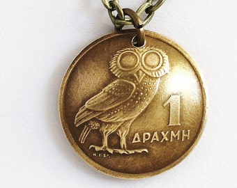 Greek Owl Coin Necklace Phoenix Pendant 1 Drachma Domed 1973 Jewelry by Hendywood