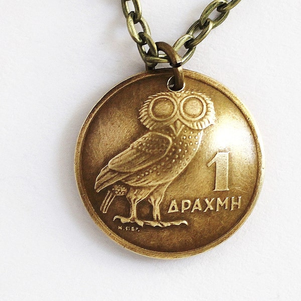 Greek Owl Coin Necklace Phoenix Pendant 1 Drachma Domed 1973 Jewelry by Hendywood