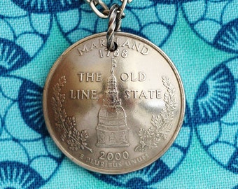 Maryland, Idaho, Illinois, Indiana, Kentucky, Maine State Quarter  Necklace, Domed Coin Necklace Pendant, by Hendywood