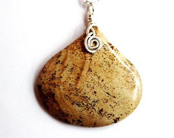 Polished Natural Stone Necklace Pendant, Wire Wrapped Necklace Pendant, Picture Jasper Stone, Natural Stone Jewelry by Hendywood