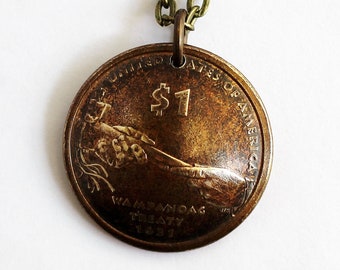 Domed Coin Necklace, Wamapanoag Treaty, Sacagawea Dollar Necklace Pendant, U.S. 1 Dollar 2011, Handmade Coin Jewelry by Hendywood